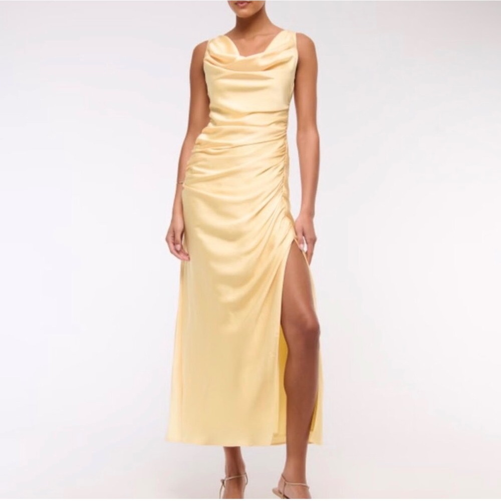 NWT Abercrombie & Fitch Cowl Neck Draped Maxi Dress Satin Sunny Yellow MP Petite